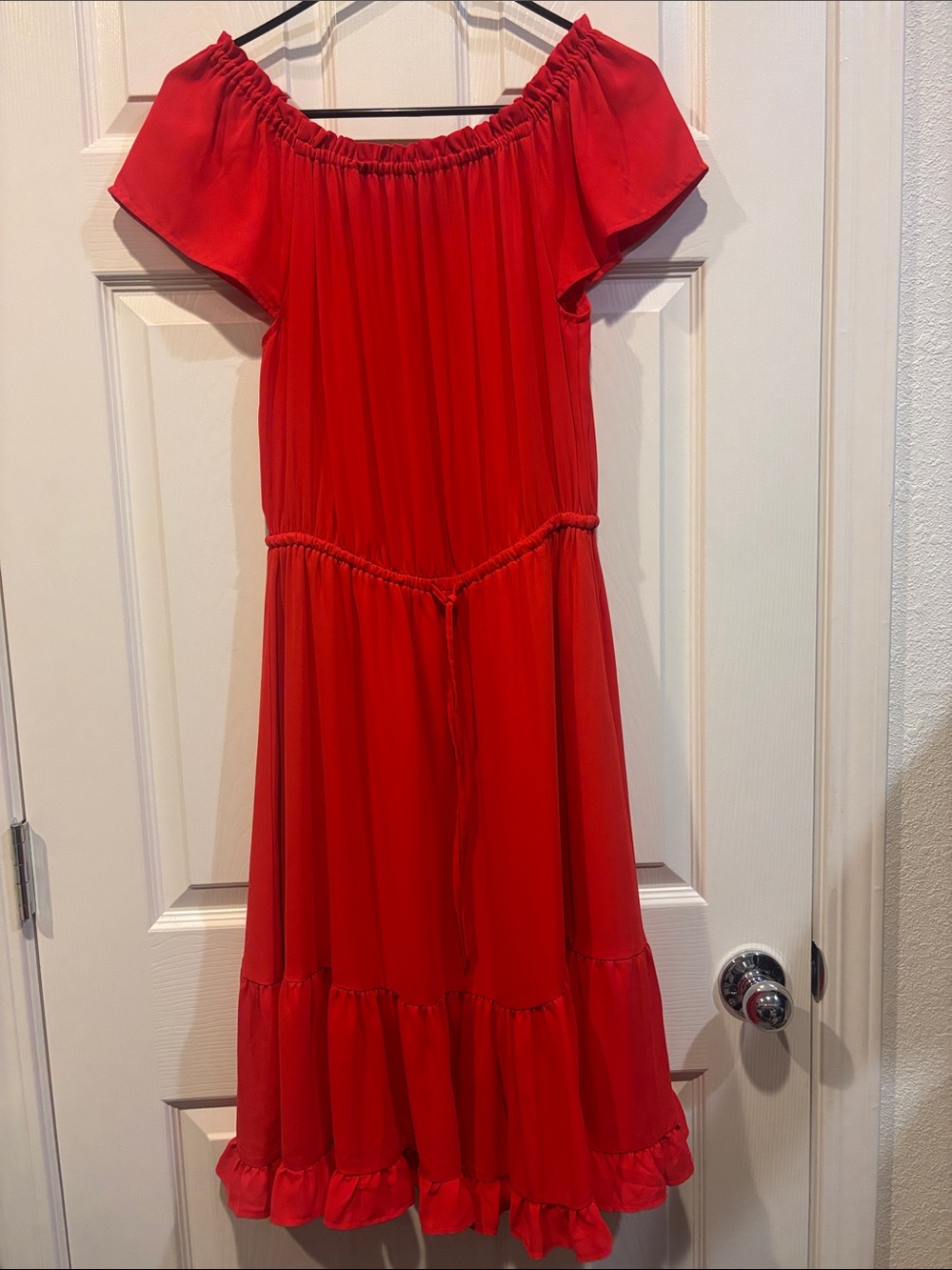 Coral Off-Shoulder Ruffle Hem Dress